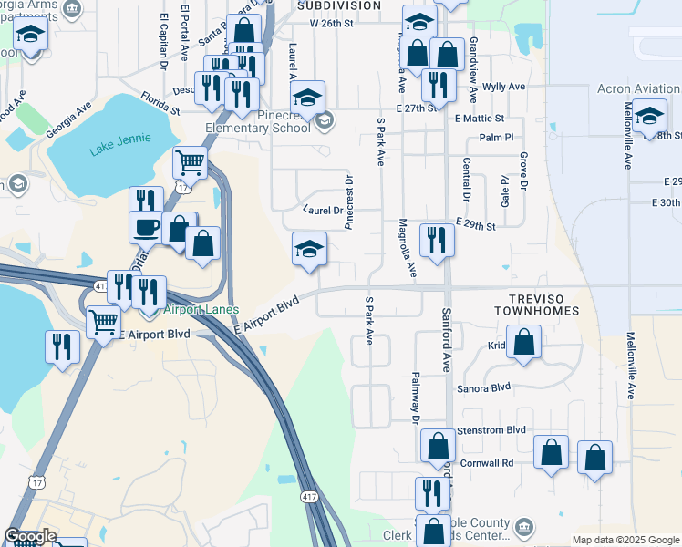 map of restaurants, bars, coffee shops, grocery stores, and more near 700 East Airport Boulevard in Sanford