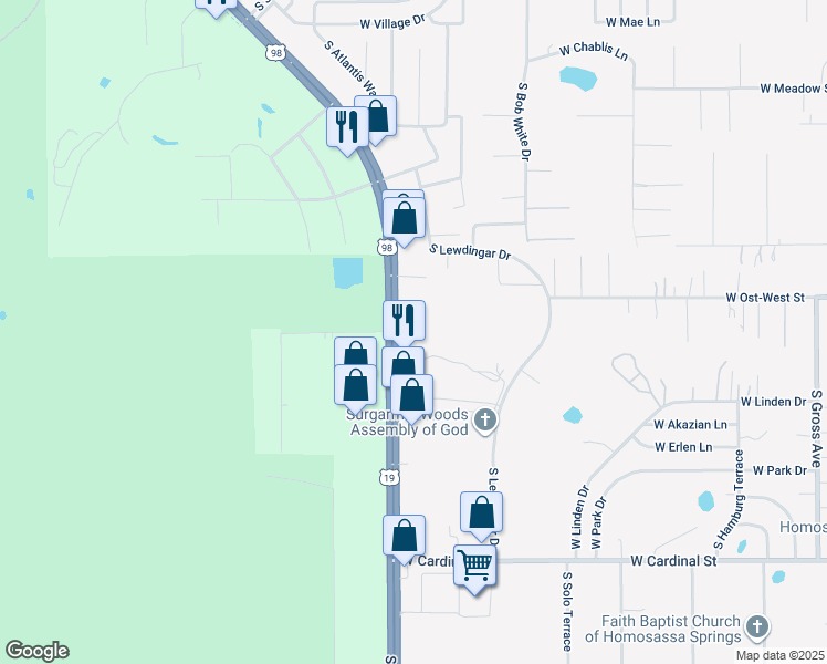 map of restaurants, bars, coffee shops, grocery stores, and more near 6191 South Suncoast Boulevard in Homosassa Springs