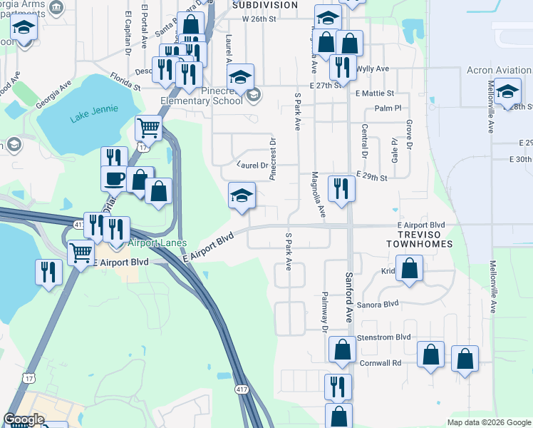 map of restaurants, bars, coffee shops, grocery stores, and more near 700 East Airport Boulevard in Sanford