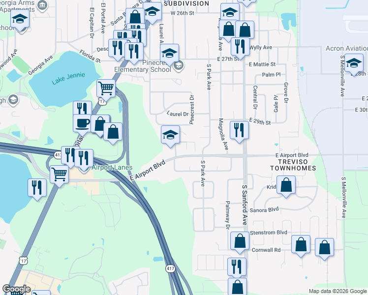 map of restaurants, bars, coffee shops, grocery stores, and more near 700 East Airport Boulevard in Sanford