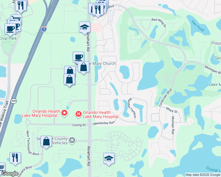 map of restaurants, bars, coffee shops, grocery stores, and more near 500 Pickfair Terrace in Lake Mary