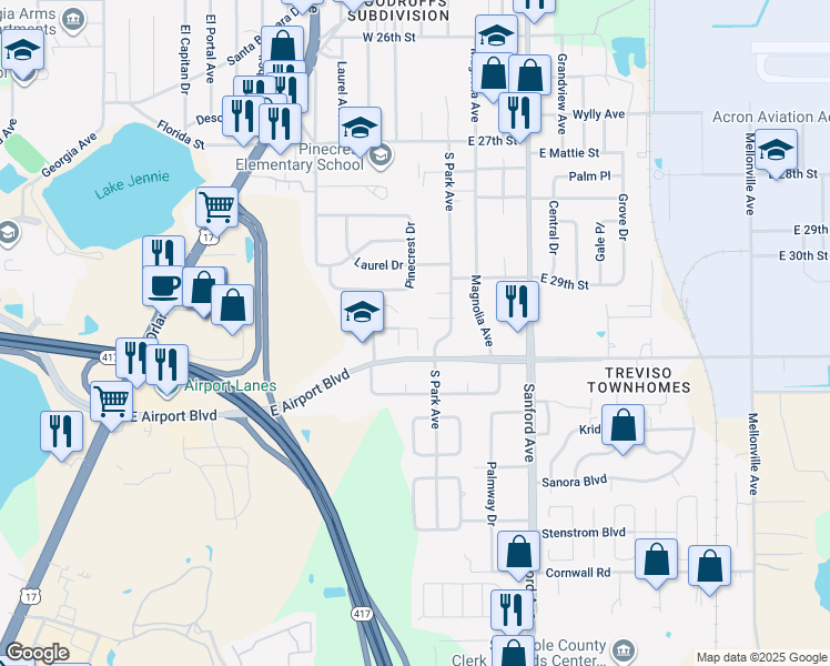 map of restaurants, bars, coffee shops, grocery stores, and more near 700 East Airport Boulevard in Sanford