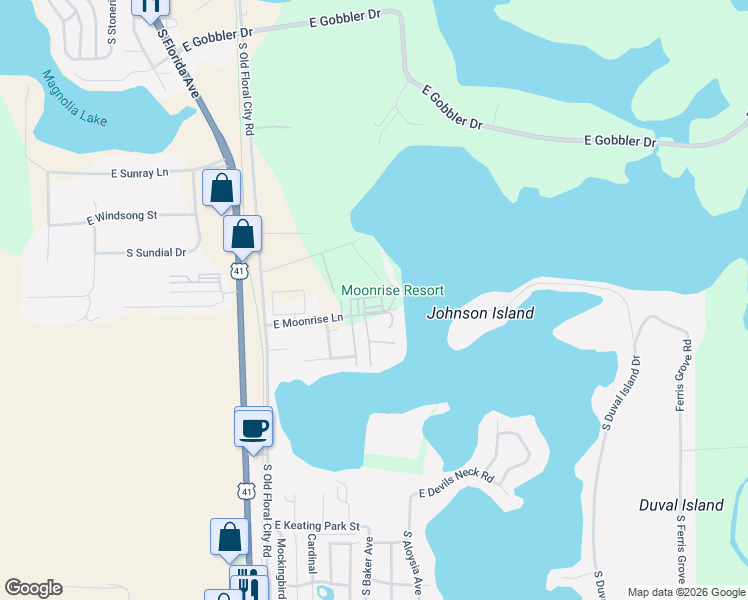 map of restaurants, bars, coffee shops, grocery stores, and more near 8788 East Moonrise Lane in Floral City