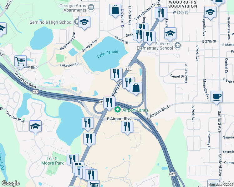 map of restaurants, bars, coffee shops, grocery stores, and more near 2808 South Orlando Drive in Sanford