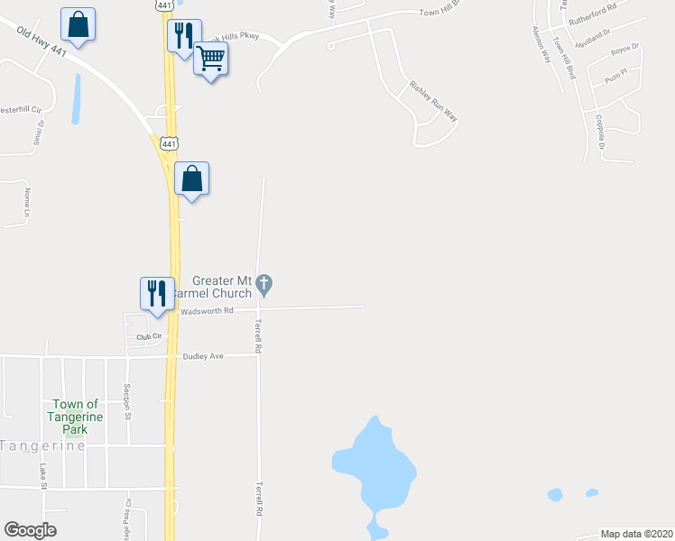 map of restaurants, bars, coffee shops, grocery stores, and more near 6401 Wadsworth Road in Mount Dora