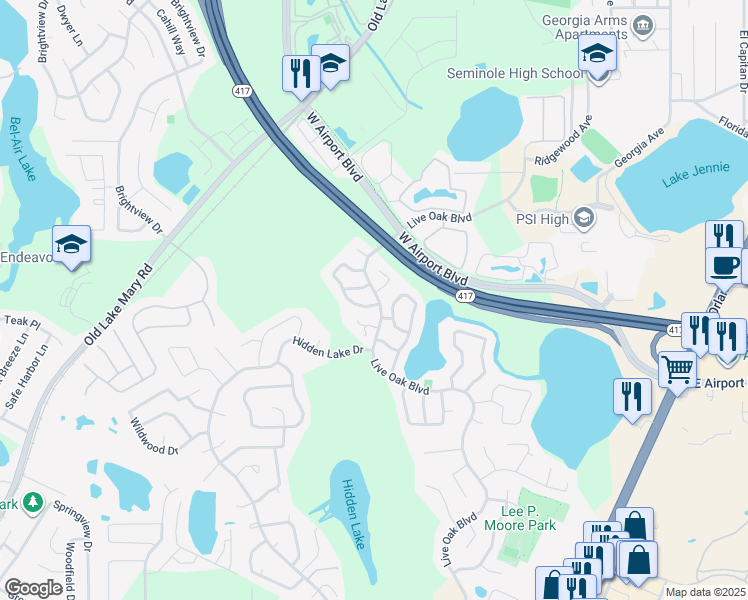 map of restaurants, bars, coffee shops, grocery stores, and more near 100 Sabal Palm Court in Sanford