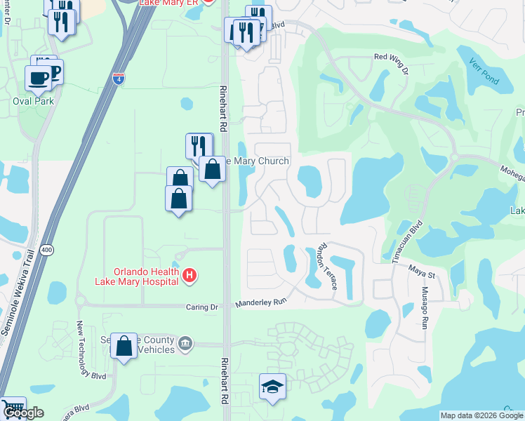 map of restaurants, bars, coffee shops, grocery stores, and more near 533 Pickfair Terrace in Lake Mary