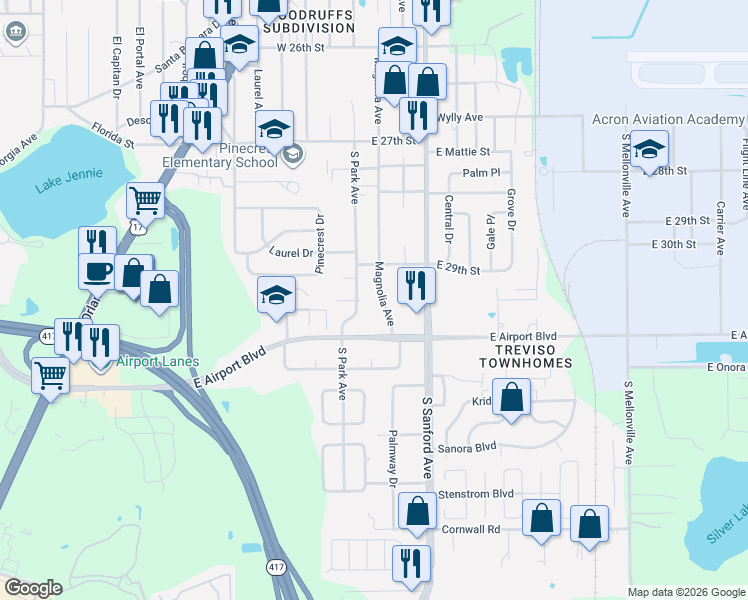 map of restaurants, bars, coffee shops, grocery stores, and more near 2910 Magnolia Avenue in Sanford