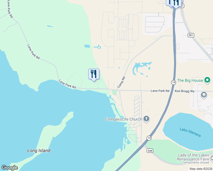 map of restaurants, bars, coffee shops, grocery stores, and more near 11911 Lane Park Road in Tavares