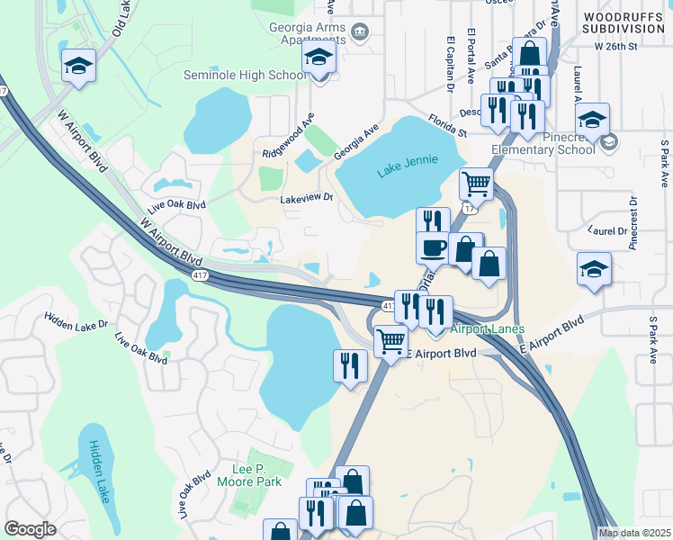 map of restaurants, bars, coffee shops, grocery stores, and more near 300 West Airport Boulevard in Sanford