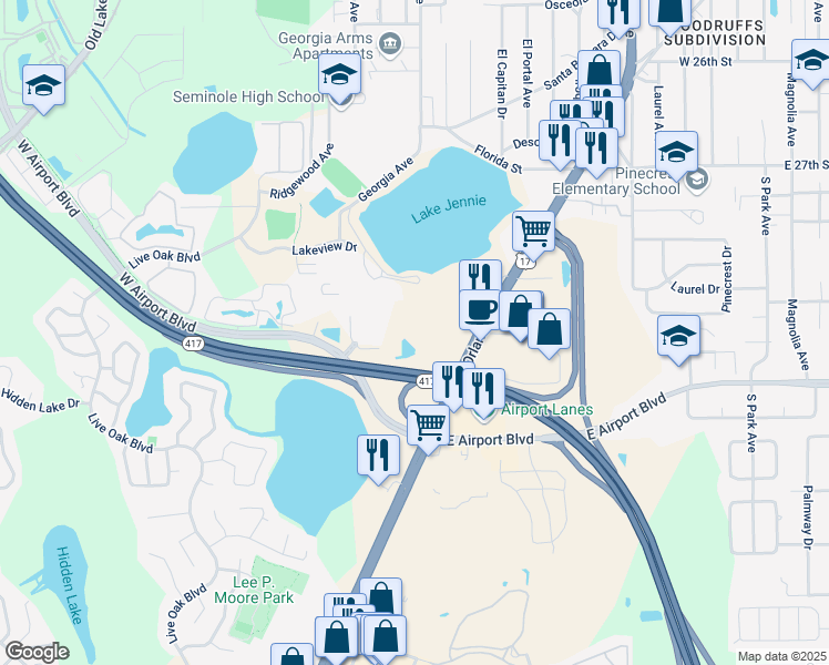 map of restaurants, bars, coffee shops, grocery stores, and more near 300 W Airport Blvd in Sanford