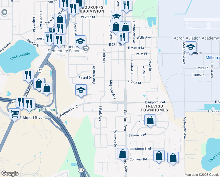 map of restaurants, bars, coffee shops, grocery stores, and more near 2910 Magnolia Avenue in Sanford