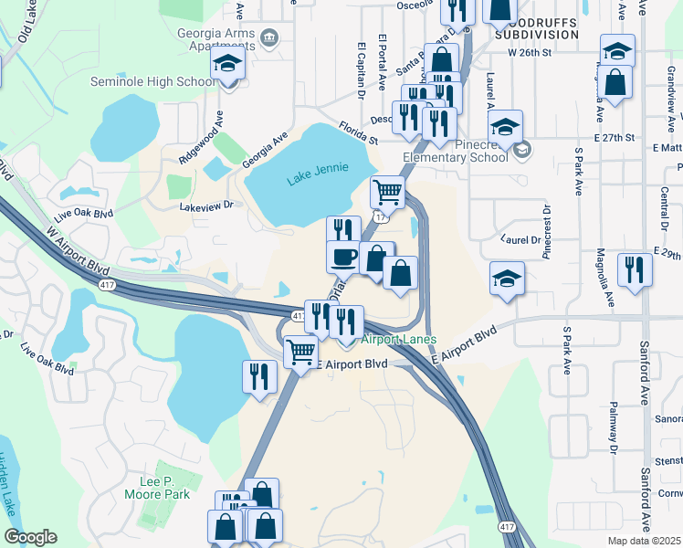 map of restaurants, bars, coffee shops, grocery stores, and more near 2808 South Orlando Drive in Sanford