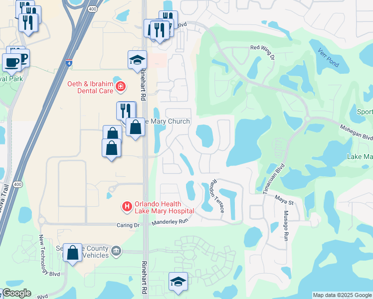 map of restaurants, bars, coffee shops, grocery stores, and more near 421 Riseman Court in Lake Mary