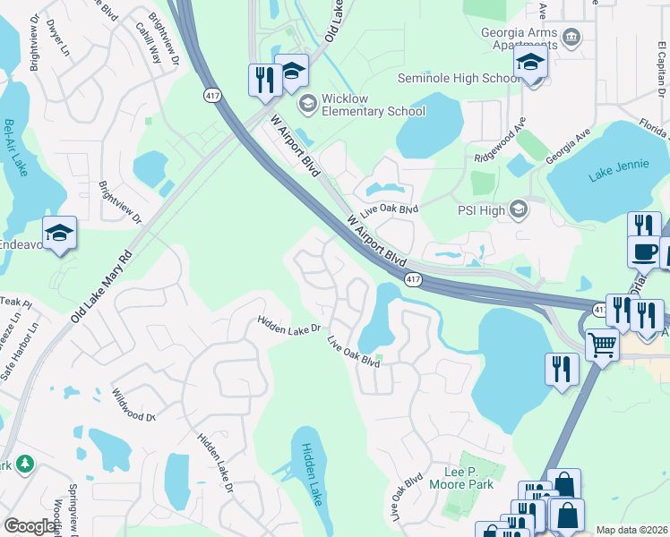 map of restaurants, bars, coffee shops, grocery stores, and more near 102 Sabal Palm Court in Sanford