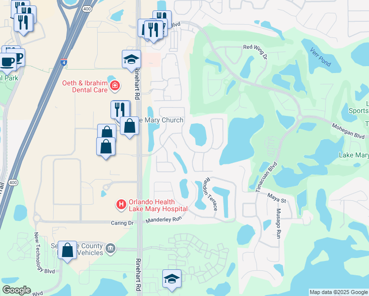 map of restaurants, bars, coffee shops, grocery stores, and more near 421 Riseman Court in Lake Mary