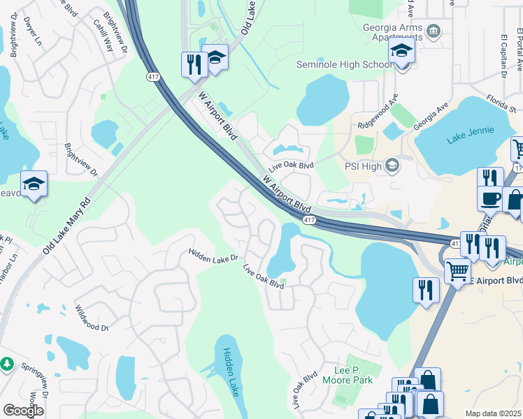 map of restaurants, bars, coffee shops, grocery stores, and more near 138 Sabal Palm Court in Sanford