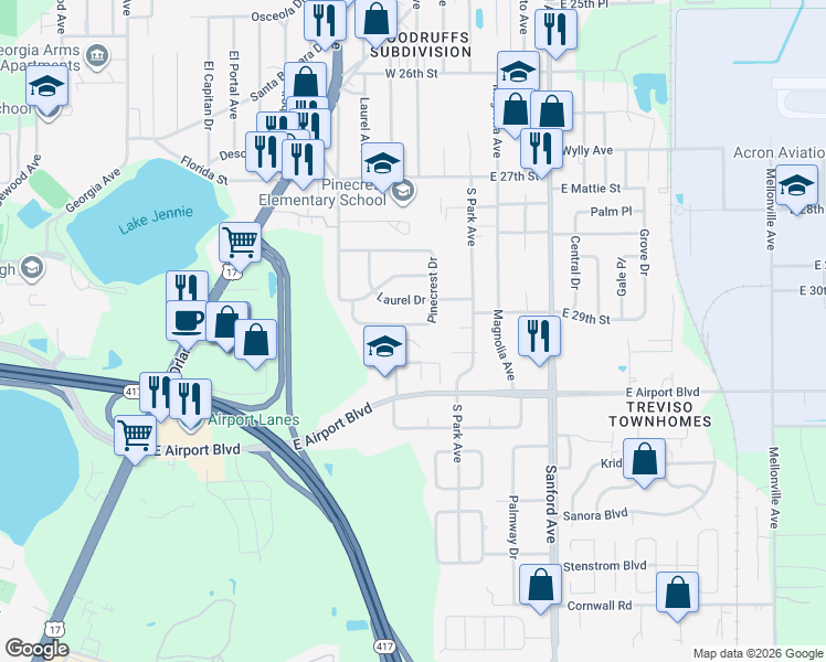 map of restaurants, bars, coffee shops, grocery stores, and more near 161 Pinecrest Drive in Sanford