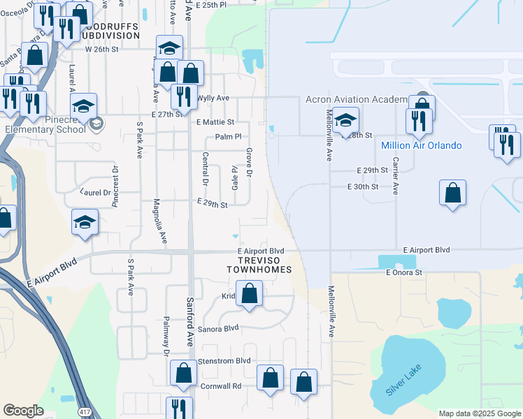 map of restaurants, bars, coffee shops, grocery stores, and more near 508 Ross Street in Sanford