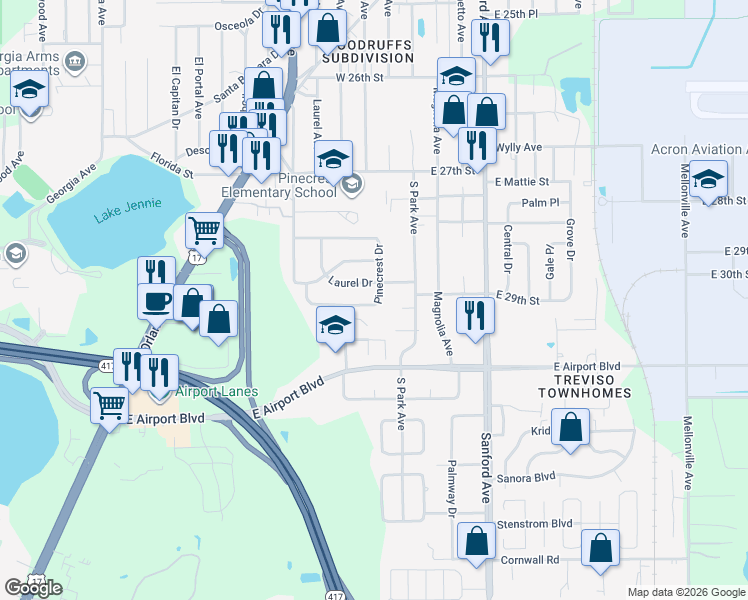map of restaurants, bars, coffee shops, grocery stores, and more near 161 Pinecrest Drive in Sanford