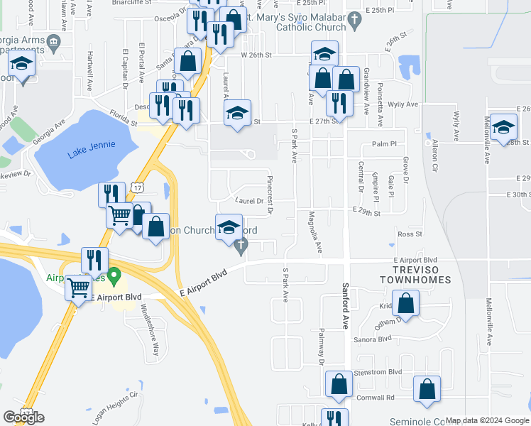 map of restaurants, bars, coffee shops, grocery stores, and more near 156 Pinecrest Drive in Sanford