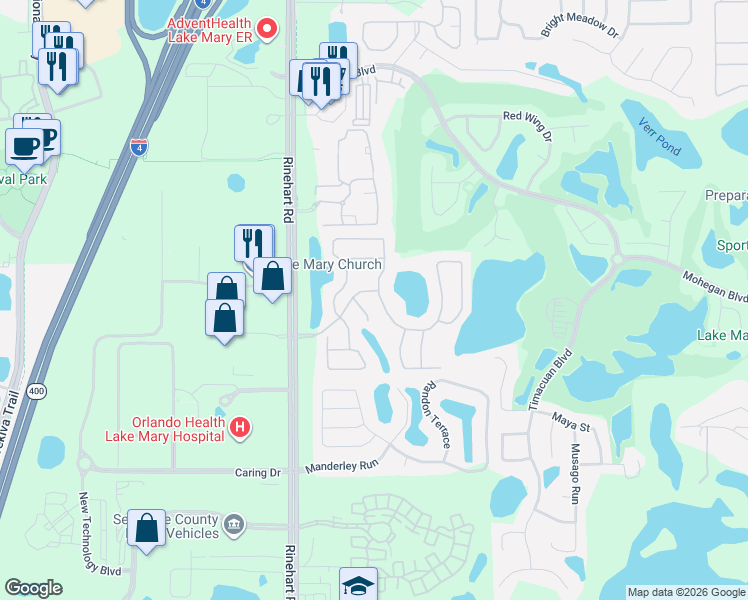 map of restaurants, bars, coffee shops, grocery stores, and more near 421 Riseman Court in Lake Mary