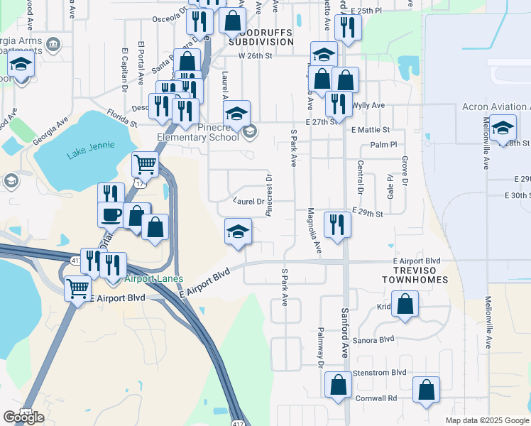 map of restaurants, bars, coffee shops, grocery stores, and more near 161 Pinecrest Drive in Sanford