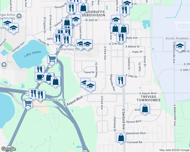 map of restaurants, bars, coffee shops, grocery stores, and more near 118 Laurel Drive in Sanford