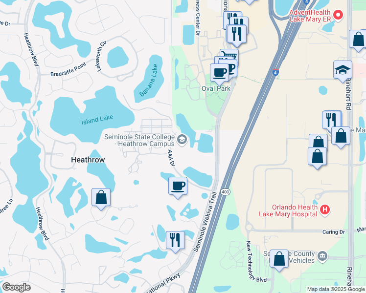 map of restaurants, bars, coffee shops, grocery stores, and more near 1055 AAA Drive in Lake Mary