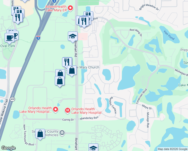 map of restaurants, bars, coffee shops, grocery stores, and more near 705 Pickfair Terrace in Lake Mary