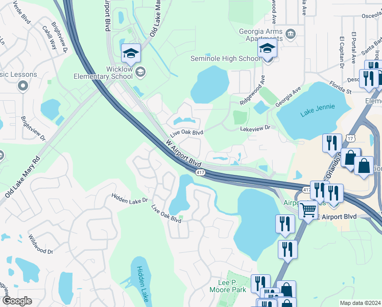 map of restaurants, bars, coffee shops, grocery stores, and more near 100 Wilton Circle in Sanford