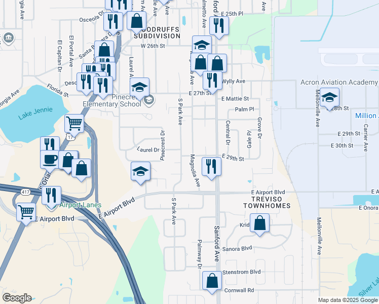 map of restaurants, bars, coffee shops, grocery stores, and more near 2830 Magnolia Avenue in Sanford