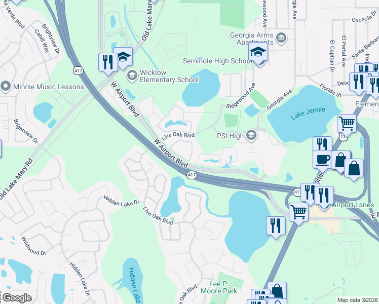 map of restaurants, bars, coffee shops, grocery stores, and more near 444 Wilton Circle in Sanford