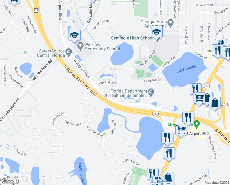 map of restaurants, bars, coffee shops, grocery stores, and more near 425 Wilton Circle in Sanford