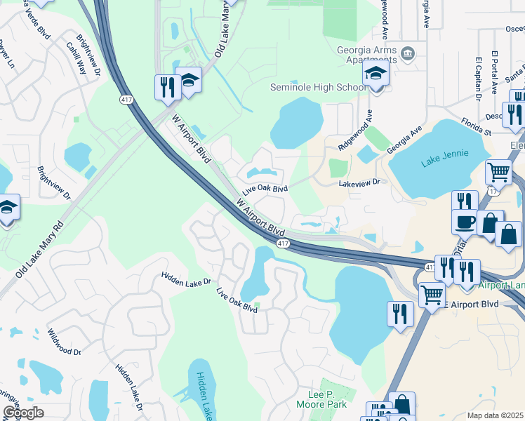 map of restaurants, bars, coffee shops, grocery stores, and more near 100 Wilton Circle in Sanford
