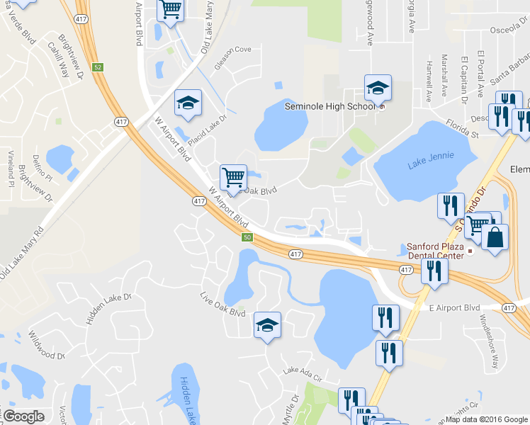 map of restaurants, bars, coffee shops, grocery stores, and more near 444 Wilton Circle in Sanford