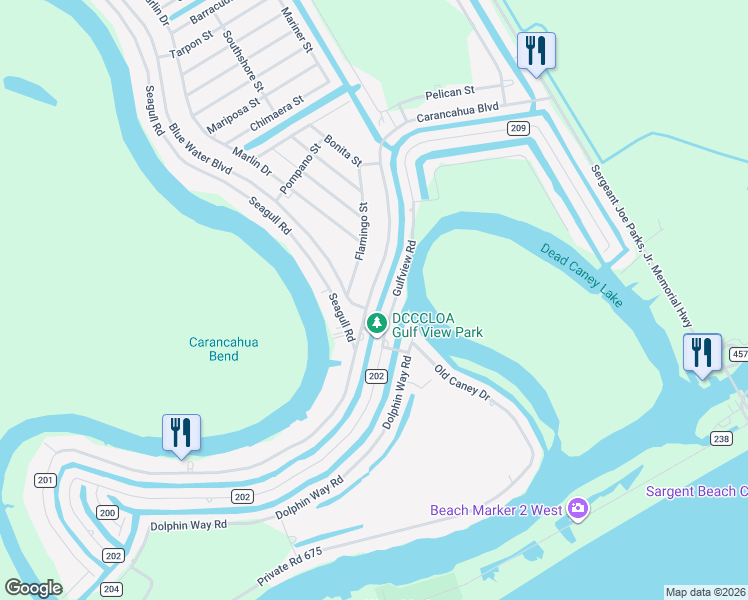 map of restaurants, bars, coffee shops, grocery stores, and more near 2284 Carancahua Street in Bay City
