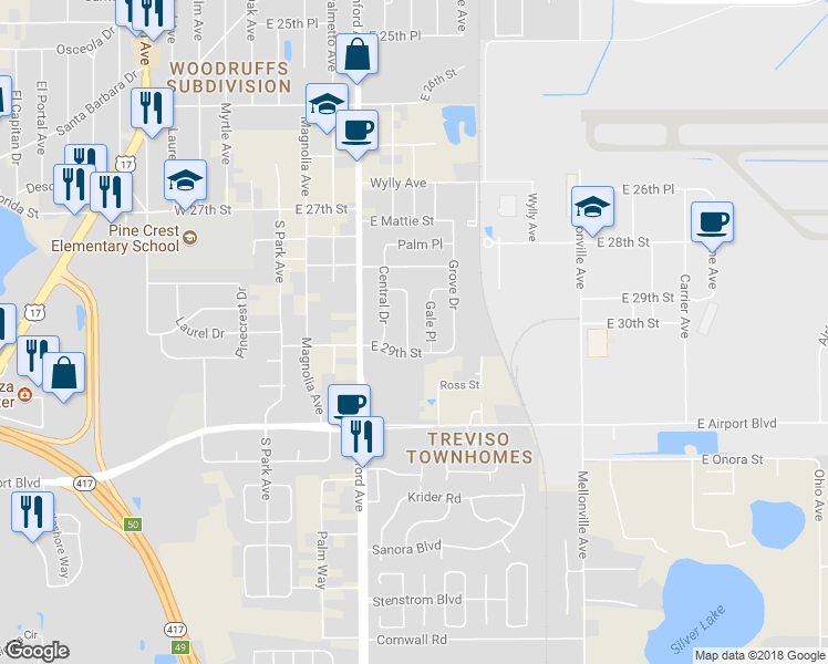 map of restaurants, bars, coffee shops, grocery stores, and more near 2849 Empire Place in Sanford