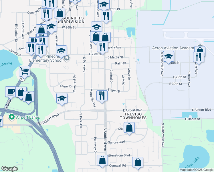 map of restaurants, bars, coffee shops, grocery stores, and more near 2842 Central Drive in Sanford