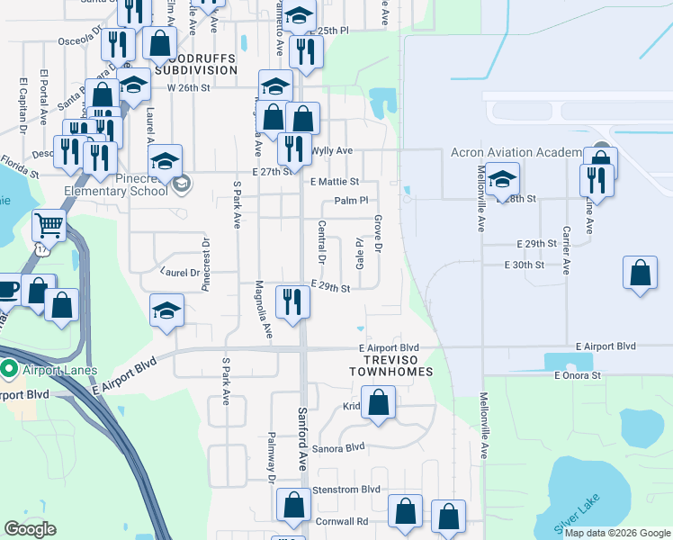 map of restaurants, bars, coffee shops, grocery stores, and more near 2849 Empire Place in Sanford