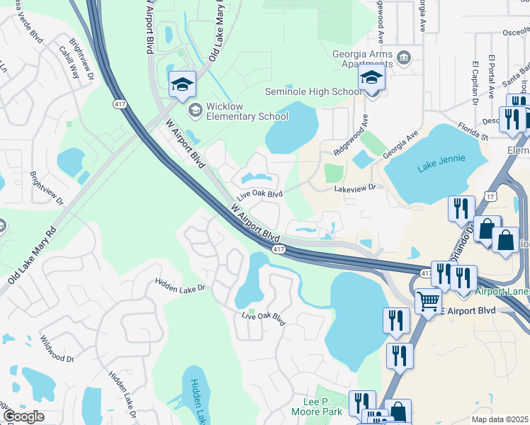 map of restaurants, bars, coffee shops, grocery stores, and more near 100 Wilton Circle in Sanford