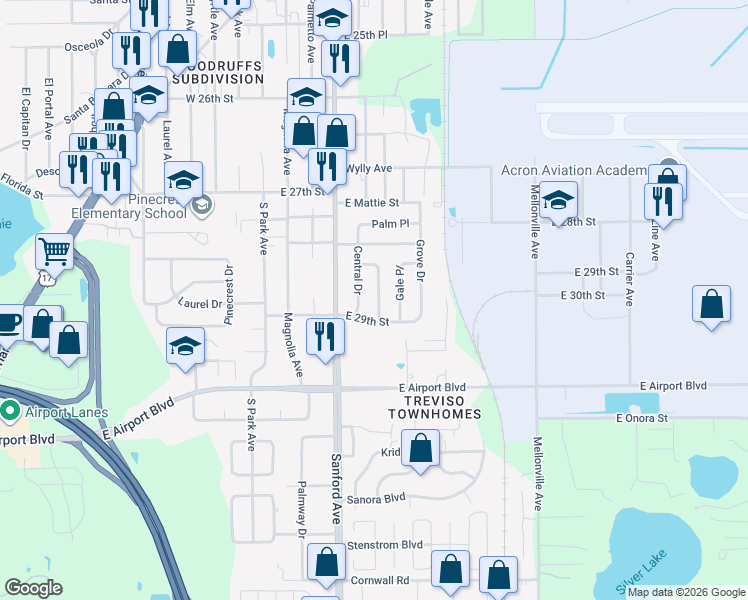 map of restaurants, bars, coffee shops, grocery stores, and more near 2849 Empire Place in Sanford