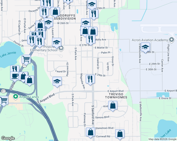 map of restaurants, bars, coffee shops, grocery stores, and more near 2881 South Palmetto Avenue in Sanford