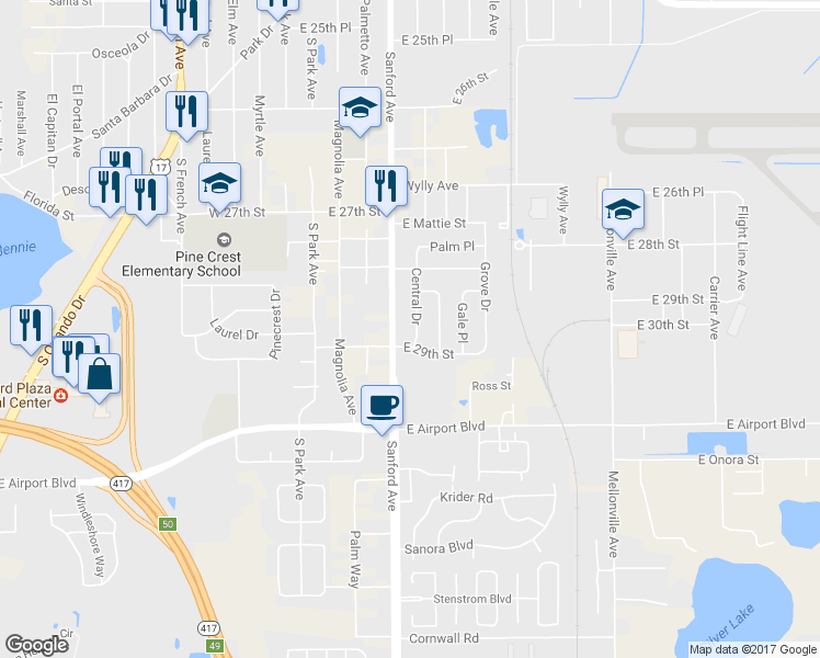 map of restaurants, bars, coffee shops, grocery stores, and more near 2842 Central Drive in Sanford