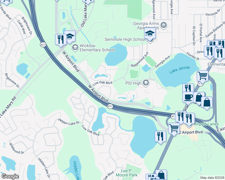 map of restaurants, bars, coffee shops, grocery stores, and more near 444 Wilton Circle in Sanford