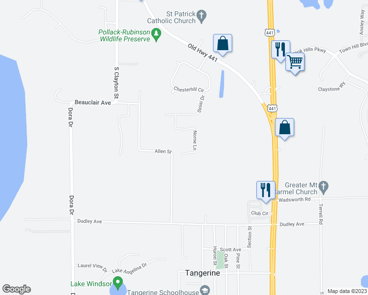 map of restaurants, bars, coffee shops, grocery stores, and more near 7082 Norne Lane in Mount Dora
