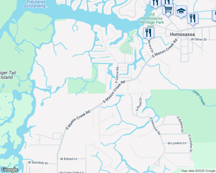 map of restaurants, bars, coffee shops, grocery stores, and more near 5946 South Garcia Road in Homosassa