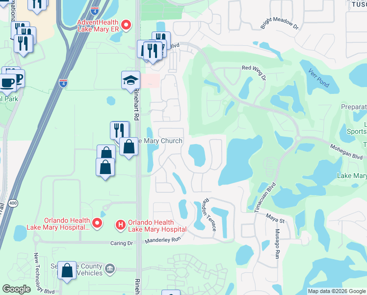 map of restaurants, bars, coffee shops, grocery stores, and more near 705 Pickfair Terrace in Lake Mary