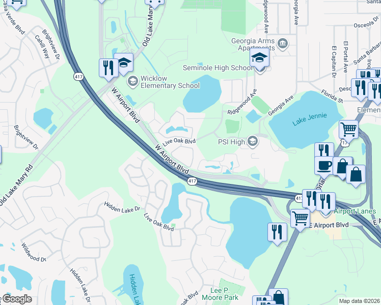map of restaurants, bars, coffee shops, grocery stores, and more near 444 Wilton Circle in Sanford