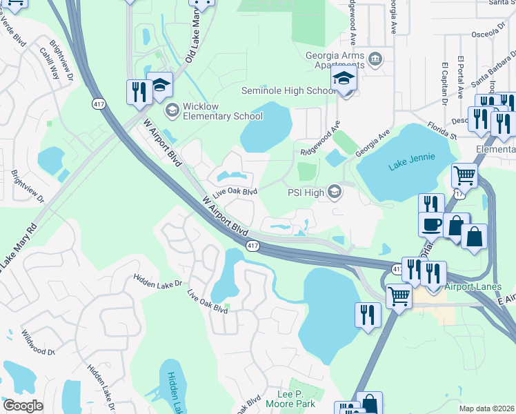 map of restaurants, bars, coffee shops, grocery stores, and more near 444 Wilton Circle in Sanford